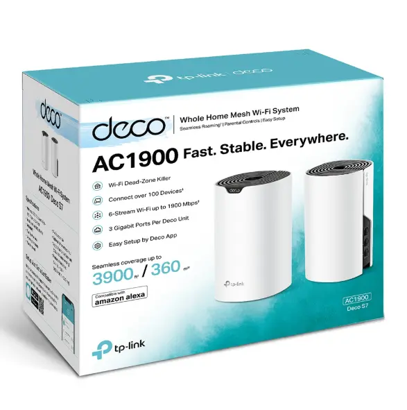 Picture of TP-Link Deco S7 AC1900 2 Pack Whole Home Mesh Wi-Fi System Smart Router 100 Device Capacity 1900 Mbps Dual-Band with Gigabit Ports