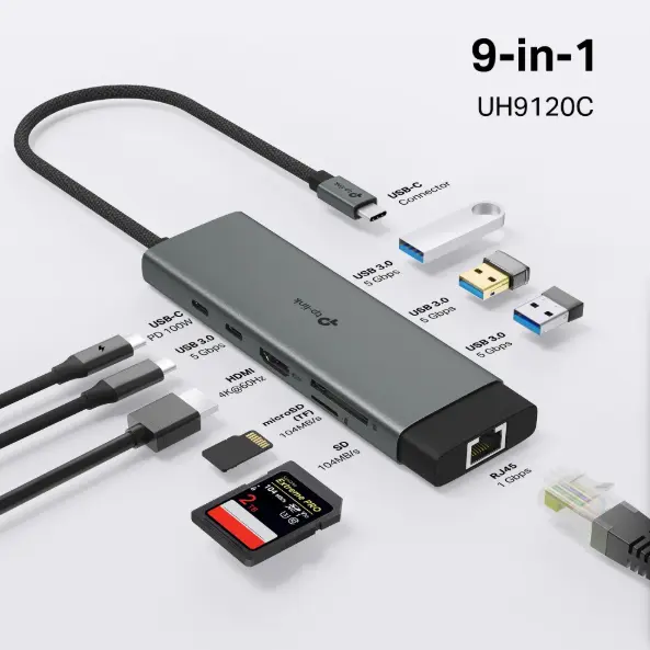 Picture of TP-Link UH9120C USB-C 9-in-1 Multi-Port Hub (4K@60Hz HDMI, Gigabit Ethernet, 100W PD Charging, USB-C Data, 3× USB-A 3.0, SD & MicroSD Card Readers)