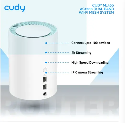 Picture of Cudy M1300 (1-Pack) AC1200 Dual Band Whole Home Wi-Fi Mesh System - 867Mbps on 5GHz and 300Mbps on 2.4GHz - 2 Gigabit Ethernet Ports - White