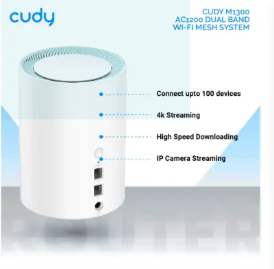 Picture of Cudy M1300 (1-Pack) AC1200 Dual Band Whole Home Wi-Fi Mesh System - 867Mbps on 5GHz and 300Mbps on 2.4GHz - 2 Gigabit Ethernet Ports - White