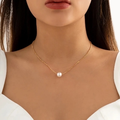 Picture of Simple Pearl Chain Necklace for Women Fashion Alloy Imitation Pearl Single Layer Gold and White - Off White