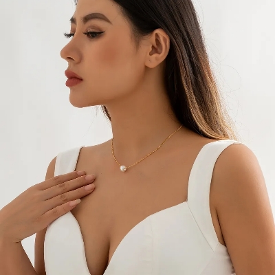 Picture of Simple Pearl Chain Necklace for Women Fashion Alloy Imitation Pearl Single Layer Gold and White - Off White