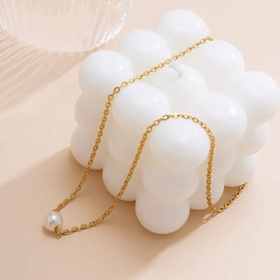 Picture of Simple Pearl Chain Necklace for Women Fashion Alloy Imitation Pearl Single Layer Gold and White - Off White