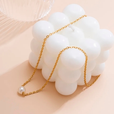 Picture of Simple Pearl Chain Necklace for Women Fashion Alloy Imitation Pearl Single Layer Gold and White - Off White
