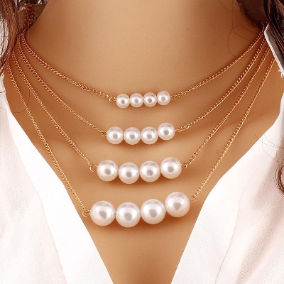 Picture of Simple 4 Step Pearl Necklace Tenoor - Gold
