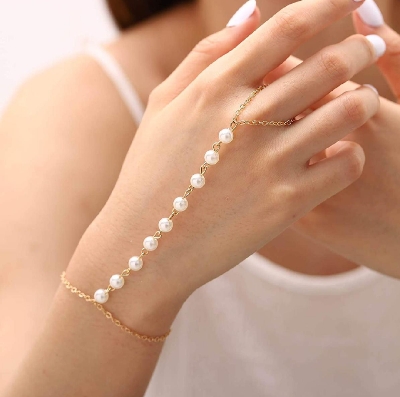 Picture of Pearl Finger Ring Bracelet for Women Girl Party Weddings - Off White