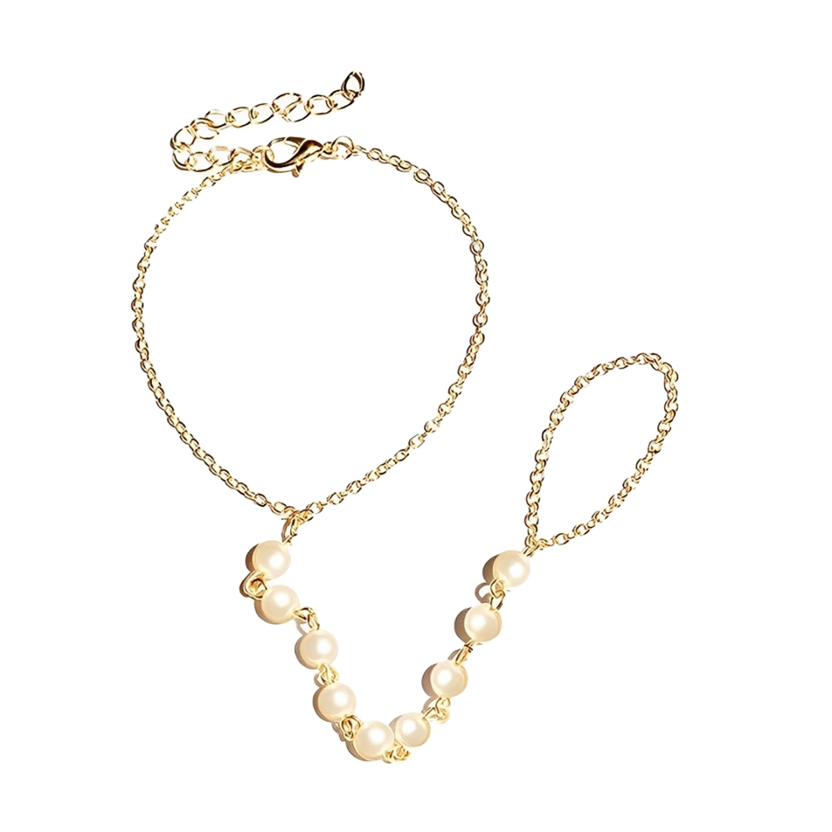 Picture of Pearl Finger Ring Bracelet for Women Girl Party Weddings - Off White