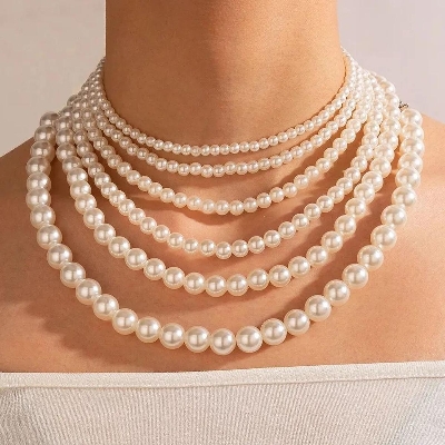 Picture of 6 Layer Pearl Choker Necklace Women Dating Wedding Tavelling - Off White