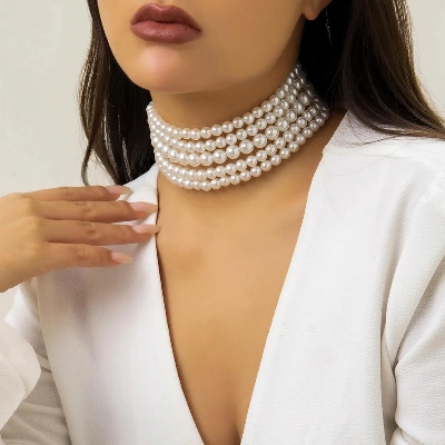 Picture of Multi Layer Pearl Choker Necklace With Ear Drop Earring - Off White