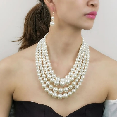 Picture of Multi Layer Off White Pearl Necklace for Women with 6mm, 8mm, 10mm, 12mm, Beads for Party and Wedding - Off White