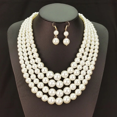 Picture of Multi Layer Off White Pearl Necklace for Women with 6mm, 8mm, 10mm, 12mm, Beads for Party and Wedding - Off White