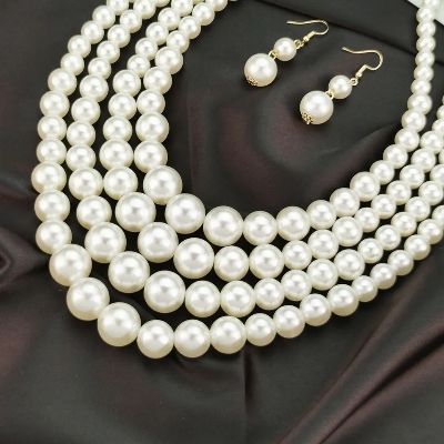 Picture of Multi Layer Off White Pearl Necklace for Women with 6mm, 8mm, 10mm, 12mm, Beads for Party and Wedding - Off White