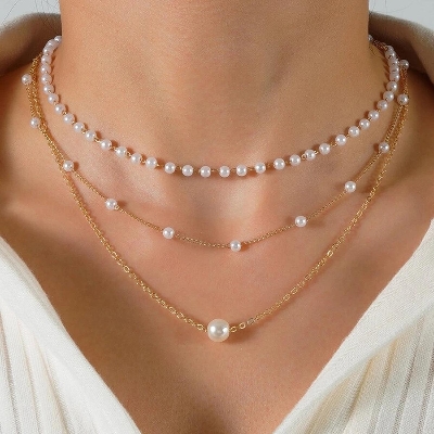 Picture of 3 Layer Pearl Necklace Off White Pearl - Off White