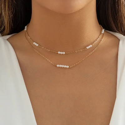 Picture of Multi Layer Pearl Choker Necklace With Ear Drop Earring For Wedding Dating Travelling Tenoor Special - Off White