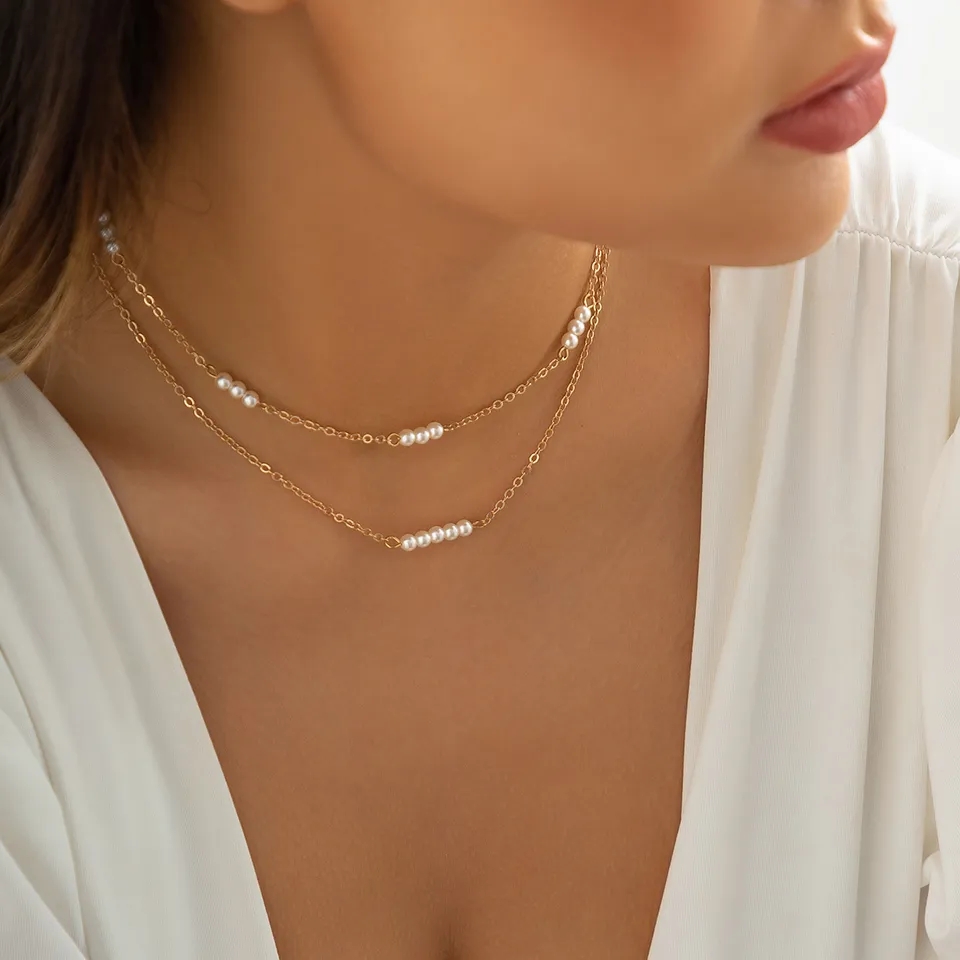 Picture of Multi Layer Pearl Choker Necklace With Ear Drop Earring For Wedding Dating Travelling Tenoor Special - Off White