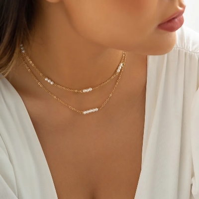 Picture of Multi Layer Pearl Choker Necklace With Ear Drop Earring For Wedding Dating Travelling Tenoor Special - Off White