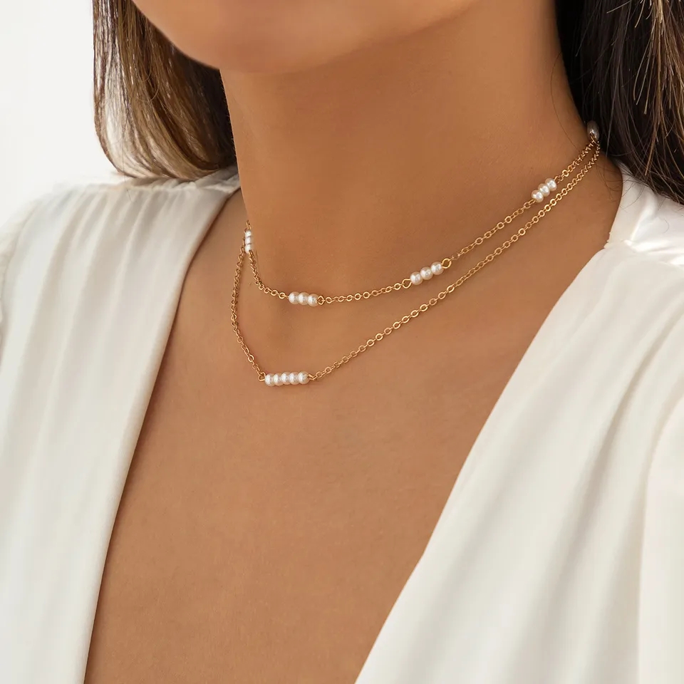 Picture of Multi Layer Pearl Choker Necklace With Ear Drop Earring For Wedding Dating Travelling Tenoor Special - Off White