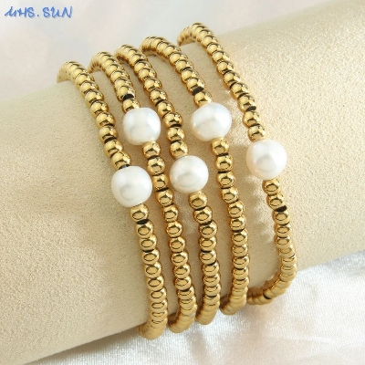 Picture of 5 PCS Elastic Rope Bracelet Pearl Round Beads Bracelets Golden Plated For Women Jewelry Banquet Party Gifts - Gold