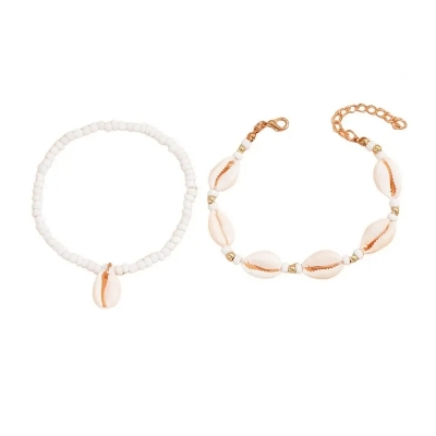 Picture of Summer Beach Shell Beaded Anklets for Women Bohemian Handmade Rice Beads Ankle On the Leg Bracelet Set Vintage Jewelry Gift - Off White