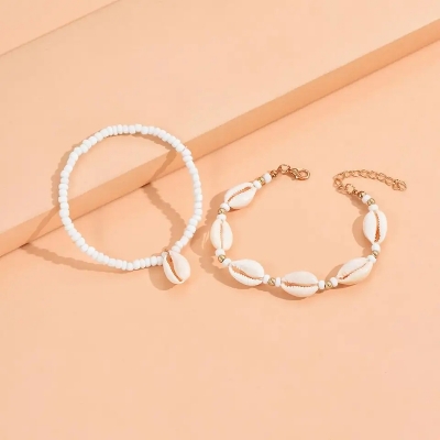 Picture of Summer Beach Shell Beaded Anklets for Women Bohemian Handmade Rice Beads Ankle On the Leg Bracelet Set Vintage Jewelry Gift - Off White