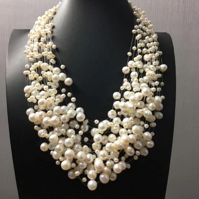 Picture of 30 Lines Transparent String Pearl Necklace Multi Layers 30 Lines For Women Fashion Jewerly Wedding Party Night Dress - White