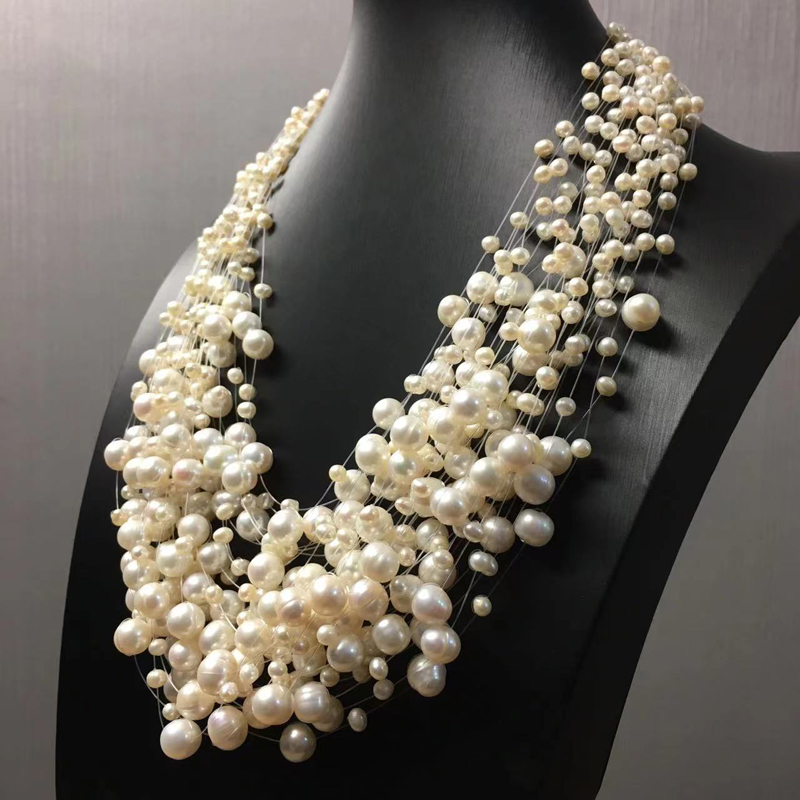 Picture of 30 Lines Transparent String Pearl Necklace Multi Layers 30 Lines For Women Fashion Jewerly Wedding Party Night Dress - White