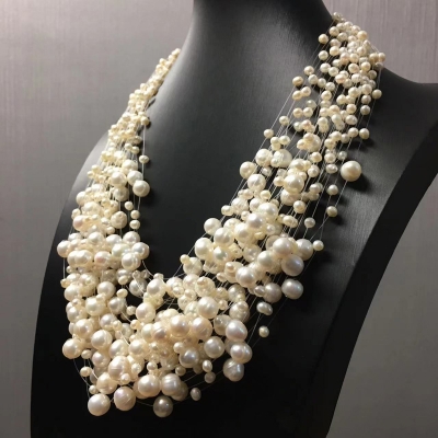 Picture of 30 Lines Transparent String Pearl Necklace Multi Layers 30 Lines For Women Fashion Jewerly Wedding Party Night Dress - White