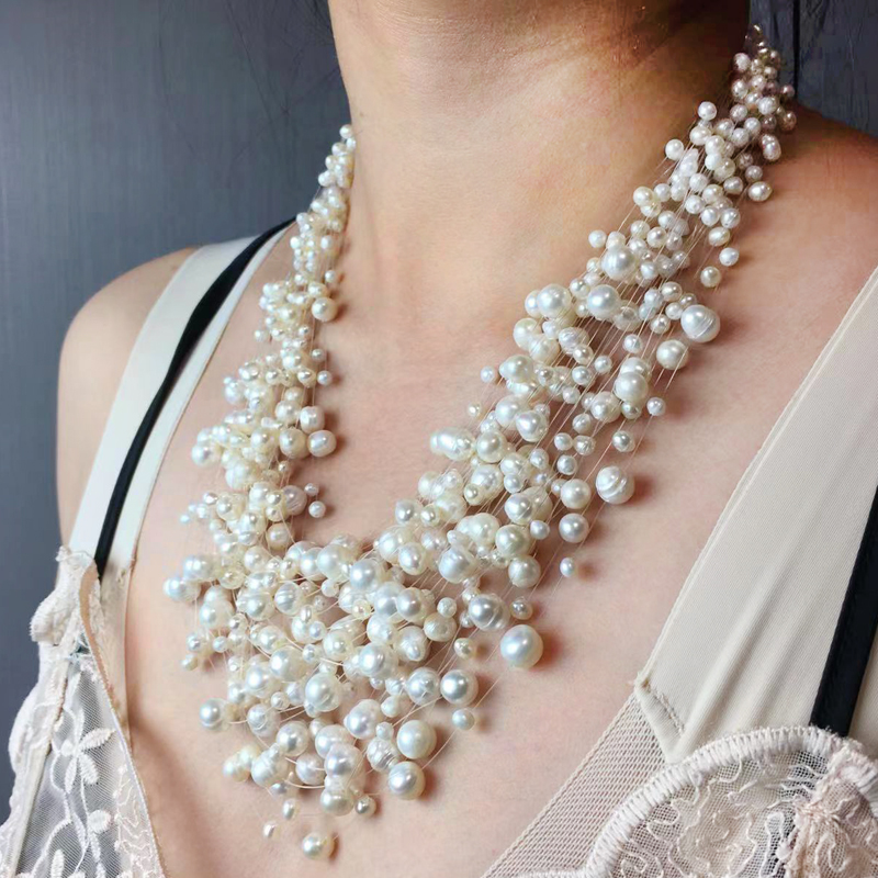 Picture of 30 Lines Transparent String Pearl Necklace Multi Layers 30 Lines For Women Fashion Jewerly Wedding Party Night Dress - White