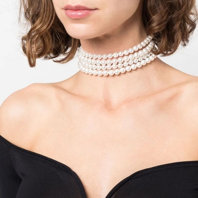 Picture of Vintage Multi-Layer White Imitation Pearl Choker Necklace Fashion Simple Short Clavicle Chain Women Party Wedding Bride Jewelry - White