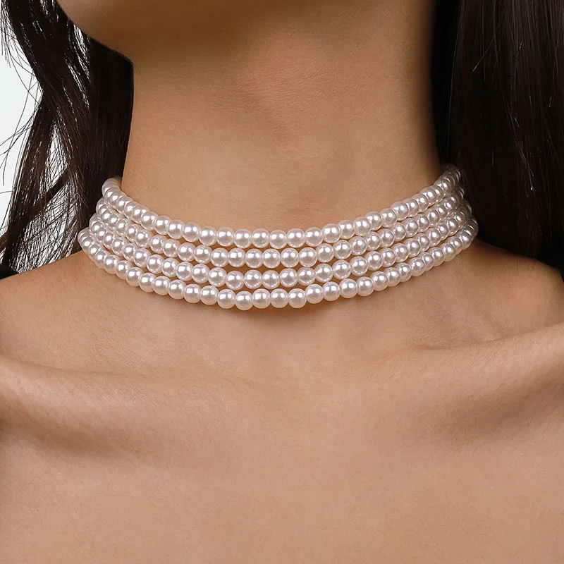 Picture of Vintage Multi-Layer White Imitation Pearl Choker Necklace Fashion Simple Short Clavicle Chain Women Party Wedding Bride Jewelry - White
