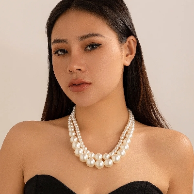 Picture of DIEZI Elegant Multilayer Beads Strand Necklace For Women Girls Vintage Fashion Imitation Pearl Choker Statement Necklace Jewelry - White