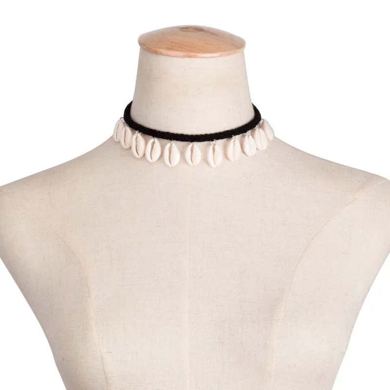 Picture of Contemporary handcrafted Bohemian fashion jewelry featuring a shell choker necklace - White