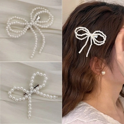 Picture of 1 Pcs Y2k Pearl Bowknots Hairpins Harajuku Sweet Vintage Duck Billed Clip Fashion Bangs Hairclip For Women Girls 