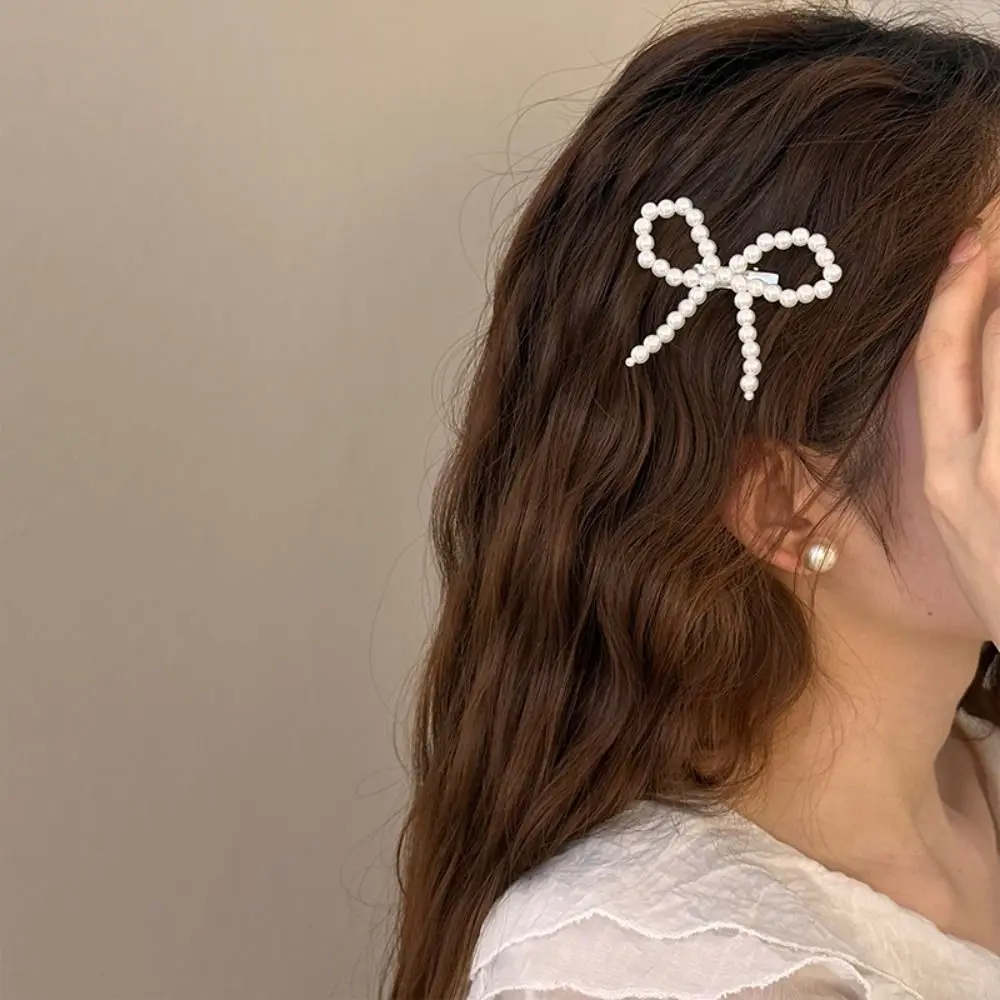 Picture of 1 Pcs Y2k Pearl Bowknots Hairpins Harajuku Sweet Vintage Duck Billed Clip Fashion Bangs Hairclip For Women Girls 