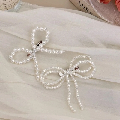 Picture of 1 Pcs Y2k Pearl Bowknots Hairpins Harajuku Sweet Vintage Duck Billed Clip Fashion Bangs Hairclip For Women Girls 