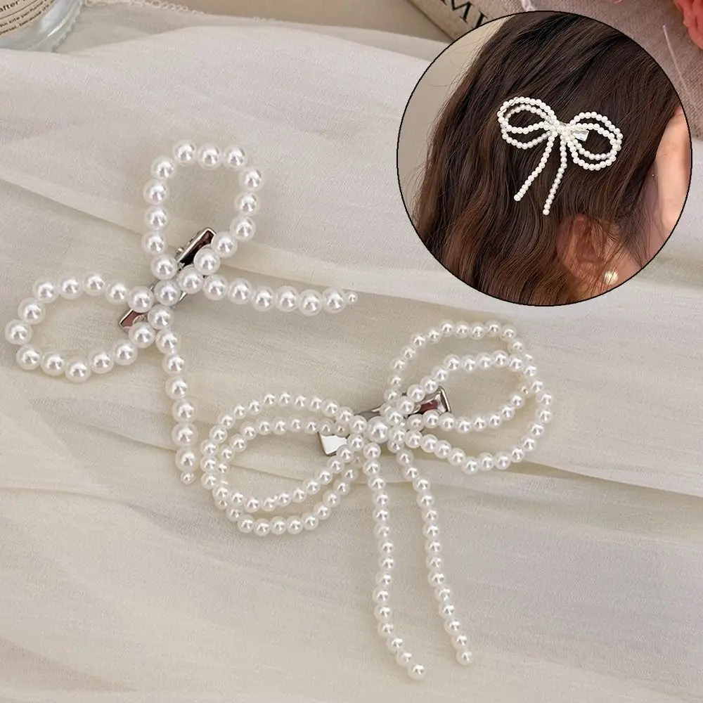 Picture of 1 Pcs Y2k Pearl Bowknots Hairpins Harajuku Sweet Vintage Duck Billed Clip Fashion Bangs Hairclip For Women Girls 