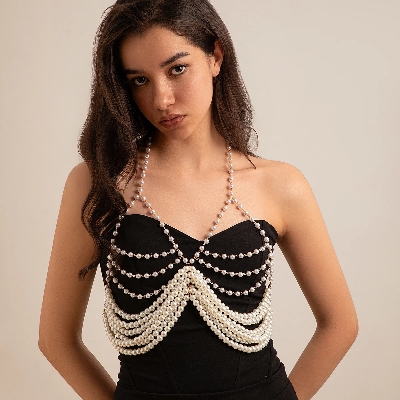 Picture of Luxury Multilayer Glossy Imitation Pearl Body Chain for Women Elegant Hanging Neck Strap Chest Chain Summer Bikini Jewelry - White