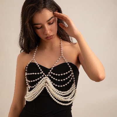 Picture of Luxury Multilayer Glossy Imitation Pearl Body Chain for Women Elegant Hanging Neck Strap Chest Chain Summer Bikini Jewelry - White