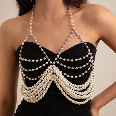 Picture of Luxury Multilayer Glossy Imitation Pearl Body Chain for Women Elegant Hanging Neck Strap Chest Chain Summer Bikini Jewelry - White