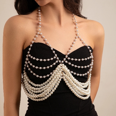 Picture of Luxury Multilayer Glossy Imitation Pearl Body Chain for Women Elegant Hanging Neck Strap Chest Chain Summer Bikini Jewelry - White