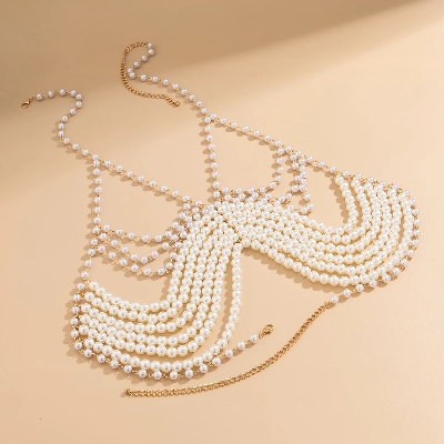 Picture of Luxury Multilayer Glossy Imitation Pearl Body Chain for Women Elegant Hanging Neck Strap Chest Chain Summer Bikini Jewelry - White