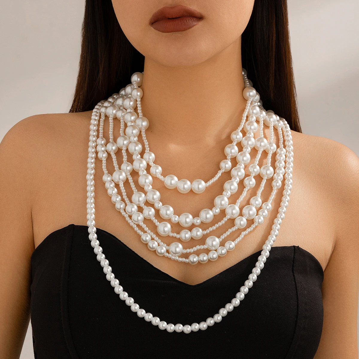 Picture of Luxury Multilayer Imitation Pearl Choker Necklace Set for Women Bride Beaded Necklace Wedding Jewelry Neck Accessories - White