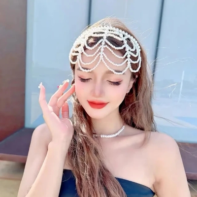 Picture of Womens Imitation Pearl Grid Forehead Party Hair Hoop Droped Headband - White