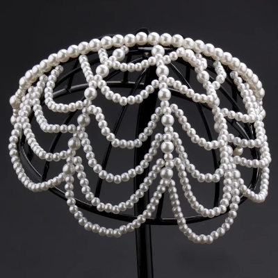Picture of Womens Imitation Pearl Grid Forehead Party Hair Hoop Droped Headband - White