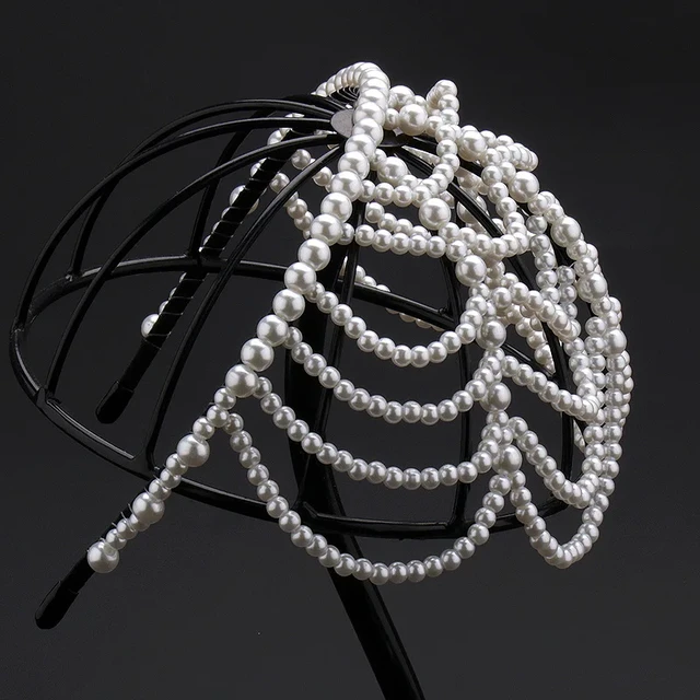 Picture of Womens Imitation Pearl Grid Forehead Party Hair Hoop Droped Headband - White