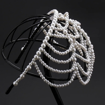 Picture of Womens Imitation Pearl Grid Forehead Party Hair Hoop Droped Headband - White