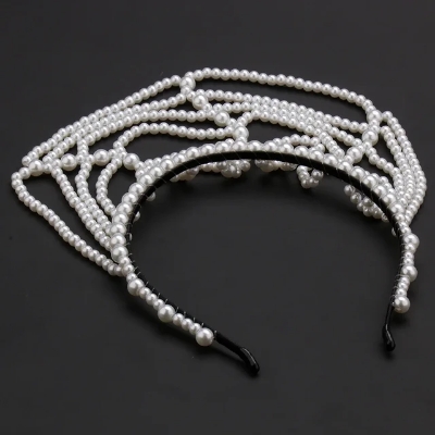Picture of Womens Imitation Pearl Grid Forehead Party Hair Hoop Droped Headband - White