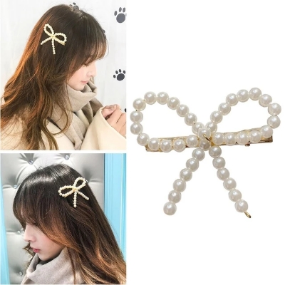 Picture of Pearl Bowknots Hairpins Hair Accessories Vintage Sweet Duck Billed Clip Korean Fashion Bangs Hairclip For Women Girls - White