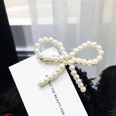 Picture of Pearl Bowknots Hairpins Hair Accessories Vintage Sweet Duck Billed Clip Korean Fashion Bangs Hairclip For Women Girls - White