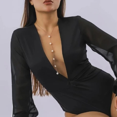 Picture of Metal Pearl Body Chain Pearl Electroplate Waist Belly Belt Chain Geometric Sexy Body Jewelry Bikini Chest Chain - White